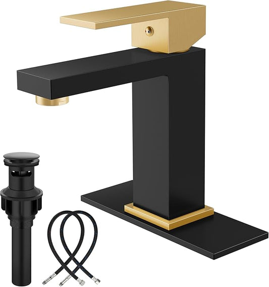 Midanya Bathroom Faucets 1 Hole, Single Handle Stainless Steel Bathroom Sink Faucet, Modern Vanity Faucets with Deck Plate,Water Supply Hoses and Pop Up Drain,Matte Black and Brushed Gold Handle