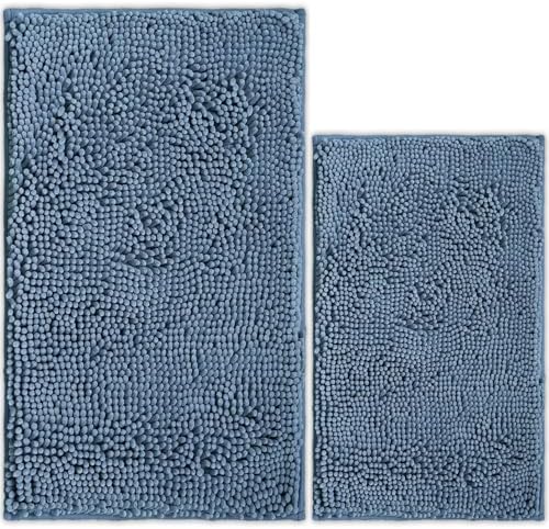 Bathroom Rugs Chenille Bath mat 2 Piece Set, Super Absorbent, PVC Non Slip Backing, Bath mats for Bathroom, Plush Shaggy, Thick, Machine Washable, Bathtub, Shower, Toilet.(Medium Blue)