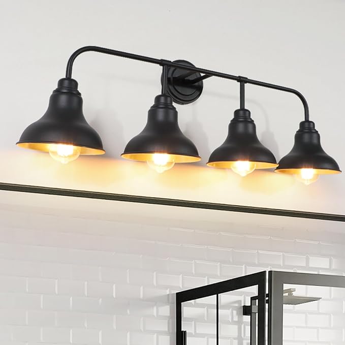 34.25-Inch 4-Light Matte Black Vanity Light for Bathroom Mirror | Farmhouse industrial style, matte black metal, 4 E26 base max 60W, no bulbs, wall lighting for bathroom mirror, hallway