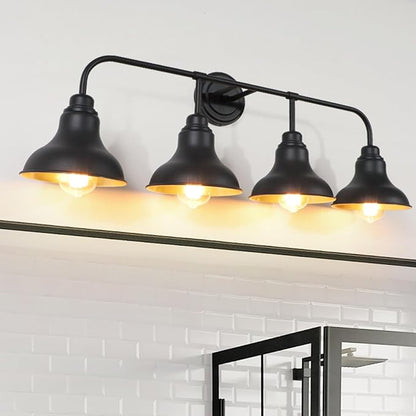 34.25-Inch 4-Light Matte Black Vanity Light for Bathroom Mirror | Farmhouse industrial style, matte black metal, 4 E26 base max 60W, no bulbs, wall lighting for bathroom mirror, hallway