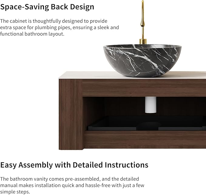 Yayzy 30" Floating Bathroom Vanity with Sink, Solid Wood Fluted Cabinet, White Marble-Patterned Ceramic Basin & Faux Marble Top, Soft-Close Drawer, Pre-Assembled, Walnut Woodgrain
