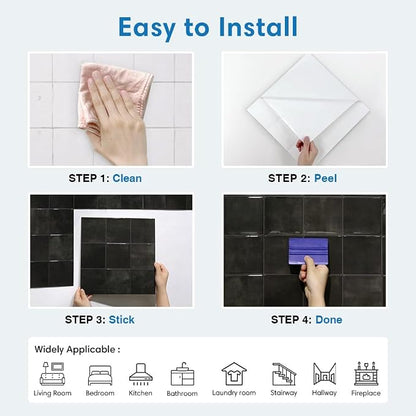 Thicker 3D Peel and Stick Backsplash Tiles, 10 Pcs 12" x 12" | Black Marble, Glossy Self Adhesive Backsplash Wall Sticker for Renter Friendly DIY Wall Makeover, Cover 10 sq ft，Removable