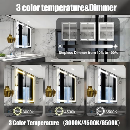 Stainless Steel LED Medicine Cabinet,Bathroom Mirror Cabinet with Light,3 Color,Dimmable,Equipped with Defogger,USB Shavor Socket,Internal Light,24×28 Inch