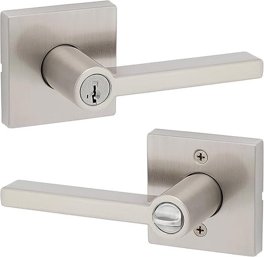 Kwikset Halifax Entry Door Handle with Lock and Key, Secure Keyed Reversible Lever Exterior, For Front Entrance and Bedrooms, Satin Nickel, Pick Resistant Smartkey Rekey Security and Microban