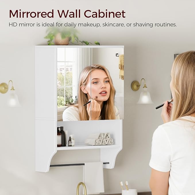 Bathroom Wall Cabinet with Mirror, Medicine Cabinet with 2 Door and Adjustable Shelf, Wall Mounted Over The Toilet Storage Cabinet for Bathroom Laundry Room Kitchen, 18.9"W x 26.2"H, White