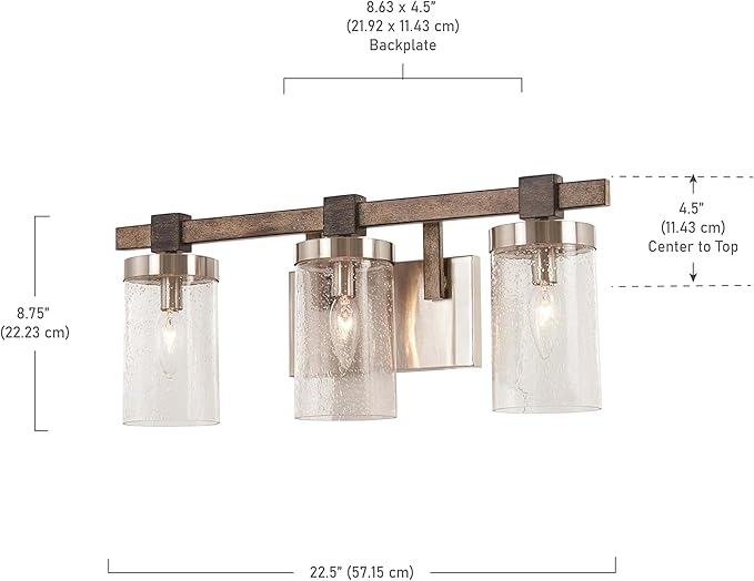 Minka Lavery 4633-106 Bridlewood Vanity Bath Light, 3-Light, 180 Total Watts, 22.5-in H x 8.75-in W, Stone Grey w/Brushed Nickel
