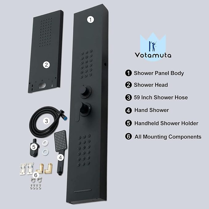 Black Shower Panel Modern Shower Tower System with Full Body Shower Jets System Handheld Spray Wall Mount Shower Panels Faucet