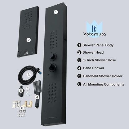 Black Shower Panel Modern Shower Tower System with Full Body Shower Jets System Handheld Spray Wall Mount Shower Panels Faucet
