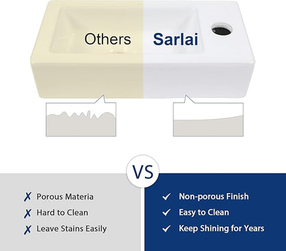 Sarlai Floating Vessel Sink Wall Mounted - 15"x7" Wall Mount Hang Small Bathroom Sinks Tiny Small Modern Rectangle Floating White Porcelain Ceramic Vanity Sink, Right Hand