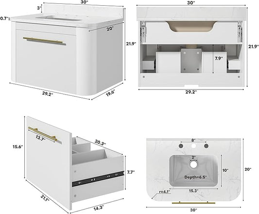 LIKIMIO 30" Bathroom Vanity with Sink, Floating Bathroom Vanity with 1 Drawer, Engineered Stone Countertop with Undermount Ceramic Sink, Wall Mounted Bathroom Vanity, Gold Handle, Easy Assembly, White