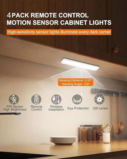 Under Cabinet Lighting Wireless, RGB LED Closet Lights, 4 Pack | 58 LEDs,Rechargeable Motion Sensor Light Indoor, Remote,Dimmable Under Counter Lights, Magnetic Night Lights for Kitchen