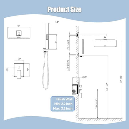 Gabrylly Rain Shower Head with Handheld Spray Combo, 10", Brushed Nickel | All Metal Shower System, High Pressure Rainfall Shower Faucet Set, Solid Brass Shower Valve Complete Shower Set for Bathroom