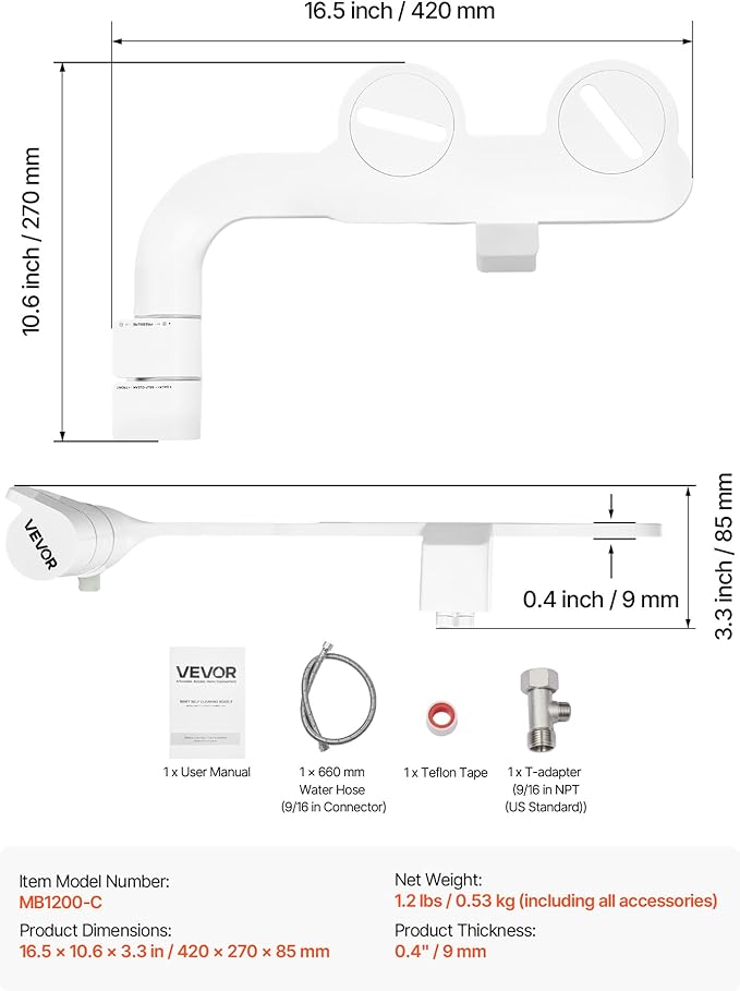 VEVOR Bidet Attachment for Toilet, Self-Cleaning Bidet Toilet Seat Attachment - Dual Retractable Nozzles, Adjustable Water Pressure, Easily Installed Cold Water Sprayer for Rear Feminine Wash, White