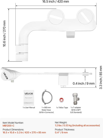 VEVOR Bidet Attachment for Toilet, Self-Cleaning Bidet Toilet Seat Attachment - Dual Retractable Nozzles, Adjustable Water Pressure, Easily Installed Cold Water Sprayer for Rear Feminine Wash, White