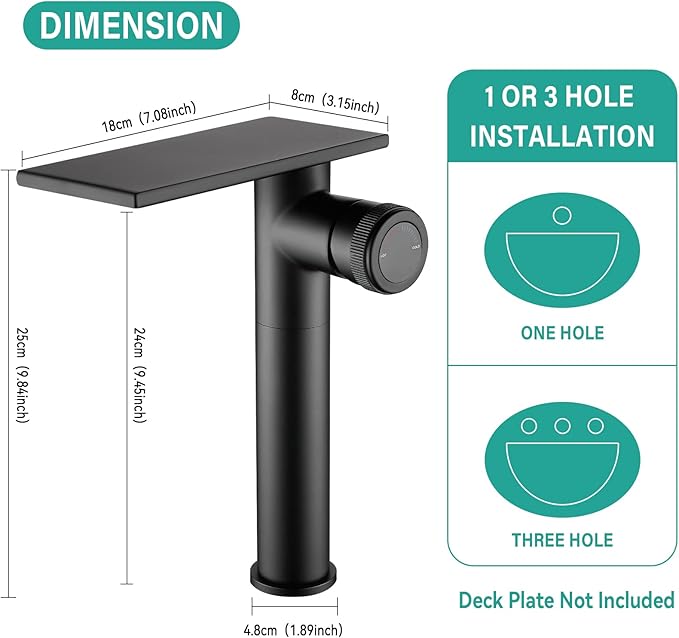 becola Modern Matte Black Bathroom Faucet，Tall Waterfall Faucet for Bathroom Sink，Single Hole Cold and Hot Basin Mixer Tap，Single Handle Vanity Faucet with Adjust Knobs and Two Supply Lines