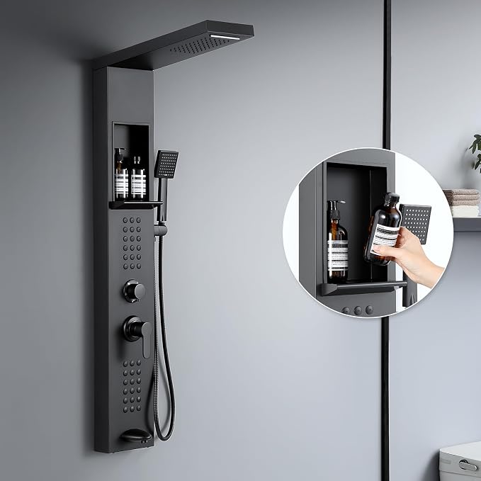 5 in 1 Rainfall Waterfall Shower Panel Tower with Shelf, Matte Black | Stainless Steel Shower Column with Powerful Body Jets, Flexible Handheld Shower and Tub Spout