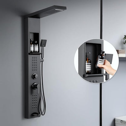 5 in 1 Rainfall Waterfall Shower Panel Tower with Shelf, Matte Black | Stainless Steel Shower Column with Powerful Body Jets, Flexible Handheld Shower and Tub Spout