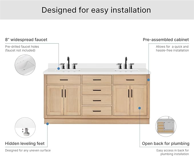 ARIEL Hepburn 72-inch Bathroom Vanity with Sink,Solid Wood, 1.5-inch Pure White Quartz Countertop, Double Rectangular Porcelain Sink, 4 Soft Closing Doors, 6 Dovetail Drawers, White Oak