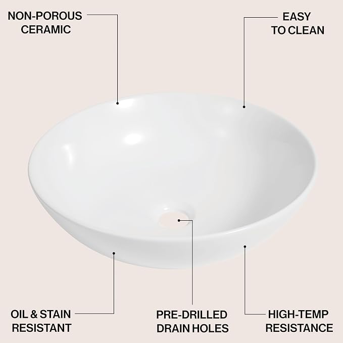 JONATHAN Y Quarry 15.5" Round Ceramic Bathroom Bowl Vessel Sink, White | Glossy Finish, Above Counter Installation, Non-Porous, Stain And Scratch Resistant, 1.75" Drain Hole