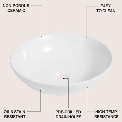 JONATHAN Y Quarry 15.5" Round Ceramic Bathroom Bowl Vessel Sink, White | Glossy Finish, Above Counter Installation, Non-Porous, Stain And Scratch Resistant, 1.75" Drain Hole