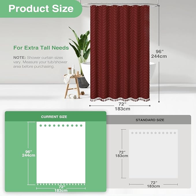 Dynamene Extra Long Shower Curtains, 96 Inches Long Boho Tufted Chevron Striped Fabric Shower Curtains for Bathroom, Tall Minimalist Waterproof Cloth Shower Curtain Set with 12 Hook, Burgundy, 72x96