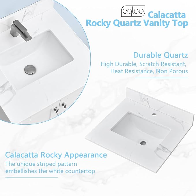 24 in. W x 22 in D Quartz Vanity Top in Calacatta Rocky, Vanity Sink Top with Assembled Single Drop-in Sink, Pre-Drilled Single Faucet Hole Countertop with 4" H Backsplash