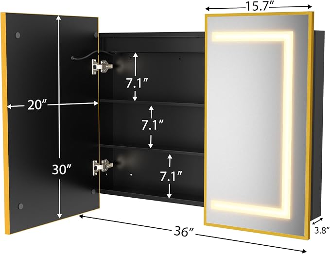 ROOMTEC 36 x 30 Inch Medicine Cabinet Mirror with LED Lights, Gold Bathroom Medicine Cabinet with Mirror and Storage, Recessed or Wall Mount, 3 Color Temperature, Dimmable Light