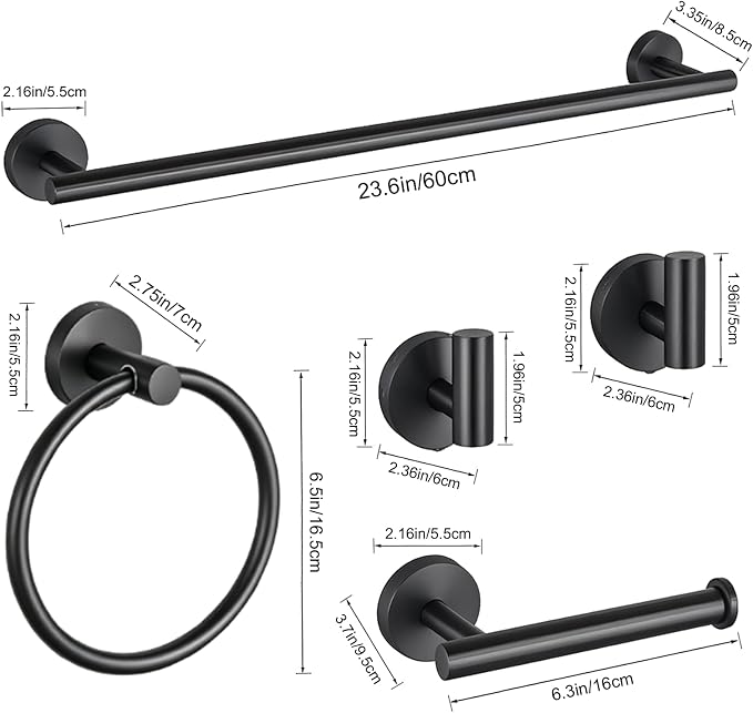 5 Pieces Matte Black Bathroom Accessories Set Towel Bar Set | 24 Inch Towel Racks Wall Mounted,Toilet Paper Holder,Towel Ring,2 Towel Hooks,Stainless Steel Bathroom Hardware Set