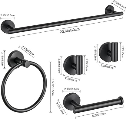 5 Pieces Matte Black Bathroom Accessories Set Towel Bar Set | 24 Inch Towel Racks Wall Mounted,Toilet Paper Holder,Towel Ring,2 Towel Hooks,Stainless Steel Bathroom Hardware Set