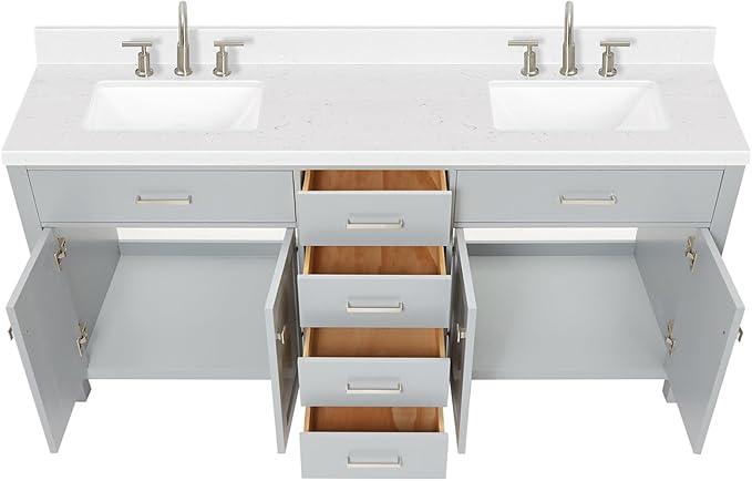 ARIEL Bristol 72-inch Bathroom Vanity with Sink,Solid Wood, 1.5-inch Carrara White Quartz Countertop & Backsplash, Double Rectangular Porcelain Sink, 4 Soft Closing Doors, 4 Dovetail Drawers, Grey