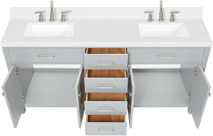 ARIEL Bristol 72-inch Bathroom Vanity with Sink,Solid Wood, 1.5-inch Carrara White Quartz Countertop & Backsplash, Double Rectangular Porcelain Sink, 4 Soft Closing Doors, 4 Dovetail Drawers, Grey