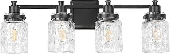 4 Light Bathroom Light Fixtures Farmhouse Black Vanity Lights | ETL Certificate, Easy to Install,Wall Mount Up or Down,Hammered Glass Lampshade,E26 Socket,Hardwired,120V