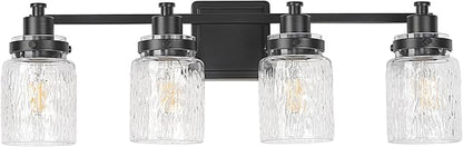 4 Light Bathroom Light Fixtures Farmhouse Black Vanity Lights | ETL Certificate, Easy to Install,Wall Mount Up or Down,Hammered Glass Lampshade,E26 Socket,Hardwired,120V
