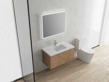 Henf 36" Wall Mount Bathroom Vanity with Sink Combo, Modern Floating Vanity with Soft Close Door, Solid Wood Cabinet with White Ceramic Integrated Sink for Small Space