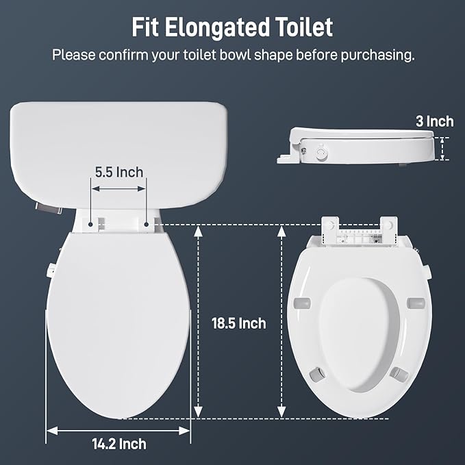 BIGCOW Raised Toilet Seat with Bidet - Elongated, Soft Close, 3" Height - Dual Nozzle (Frontal & Rear Wash) with Adjustable Cold Water Pressure and Stainless Steel Inlet (Elongated)