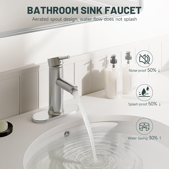 Bathroom Faucet for 1 or 3 Holes, Brushed Nickel, Brass | Single Handle Bathroom Sink Faucets, Modern Commercial Lavatory Vanity Faucet, with Deck Plate and Supply Line, Pop Up Drain