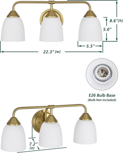 Gold 3-Light Traditional Bathroom Vanity Light Fixtures Over Mirror, Modern Vanity Lights for Living Room, Standard E26 Base, Aged Brass