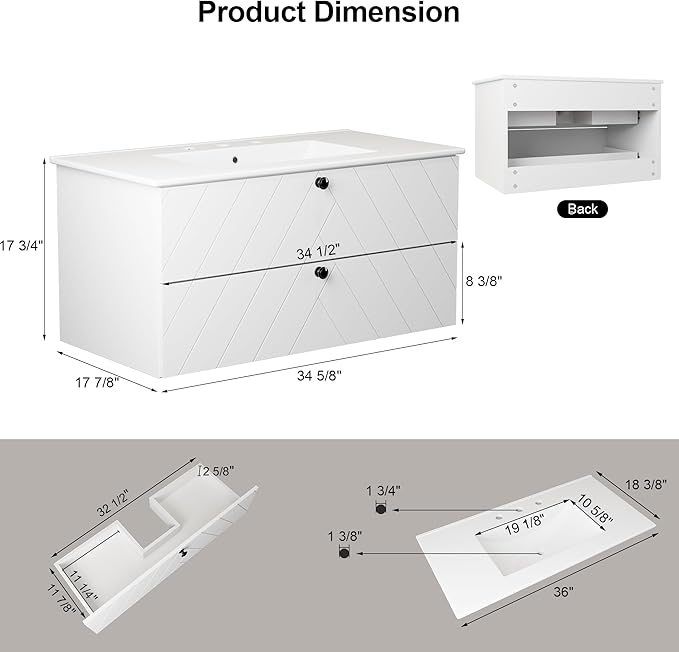 36 inch Bathroom Vanity with Sink, Floating Cabinet with Ceramic Sink, 2 Fluted Drawers Large Storage, Soft-Close Design, Modern (No Faucet)