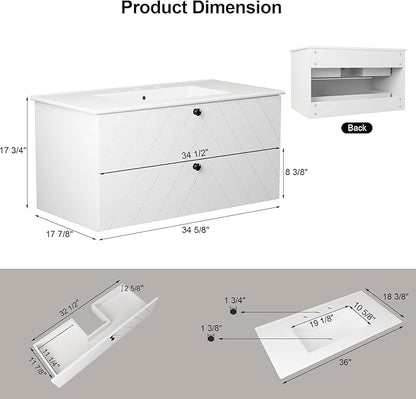 36 inch Bathroom Vanity with Sink, Floating Cabinet with Ceramic Sink, 2 Fluted Drawers Large Storage, Soft-Close Design, Modern (No Faucet)