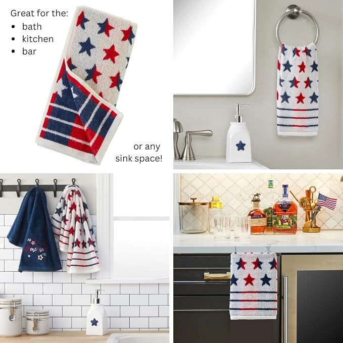 SKL Home Red White and Stars Hand Towel Set-2pc, Reversible Jacquard, Multi | 100% Cotton. Fun for Memorial Day/4th of July/Labor Day & all patriotic holidays. For the bathroom, kitchen or bar.