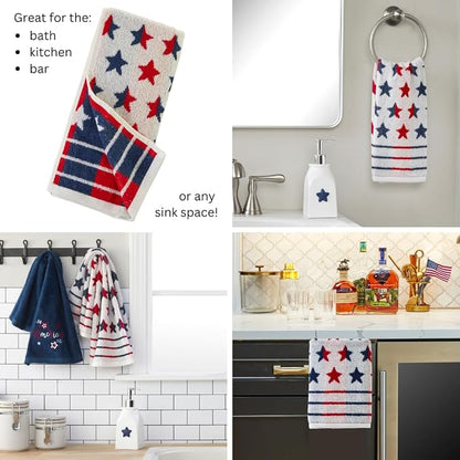SKL Home Red White and Stars Hand Towel Set-2pc, Reversible Jacquard, Multi | 100% Cotton. Fun for Memorial Day/4th of July/Labor Day & all patriotic holidays. For the bathroom, kitchen or bar.