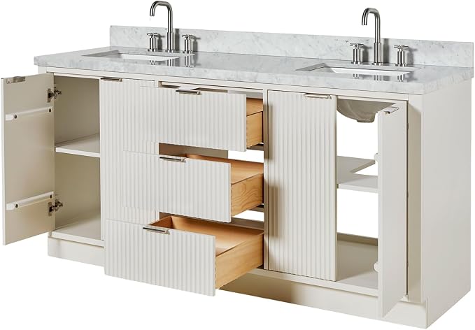 ARIEL Milan 72-inch Bathroom Vanity with Sink,Solid Wood, 1.5-inch Italian Carrara Marble Countertop, Double Rectangular Porcelain Sink, 4 Soft Closing Doors, 3 Dovetail Drawers, Warm White