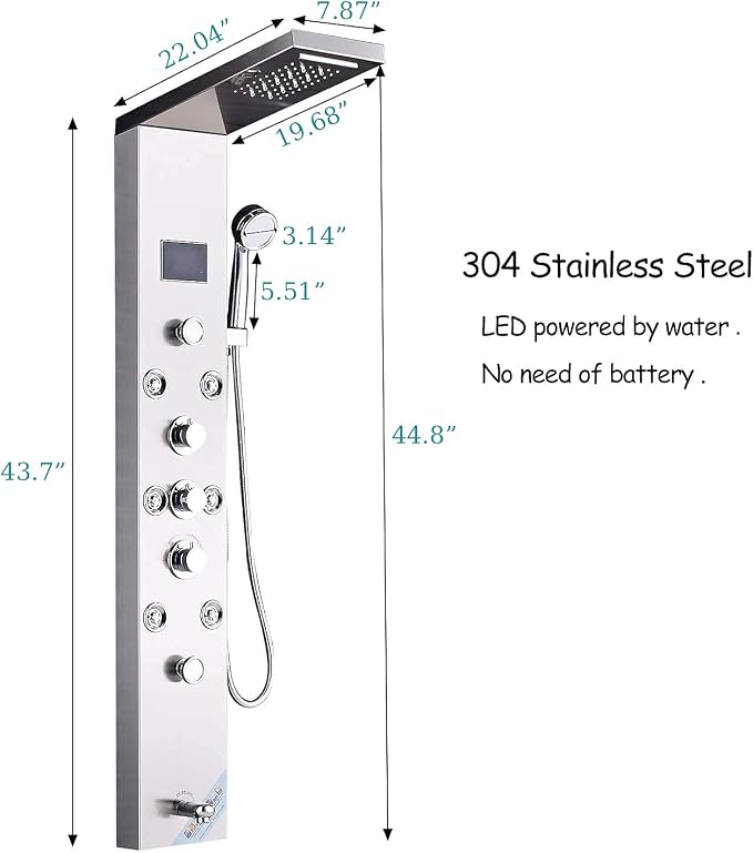 FUZ Contemporary Shower Panel Tower System Stainless Steel 6-Function Faucet LED Rainfall Waterfall Shower Head + Handheld Sprayer + Rain Massage Body Jets + Tub Spout,Brushed Nickel