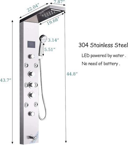 FUZ Contemporary Shower Panel Tower System Stainless Steel 6-Function Faucet LED Rainfall Waterfall Shower Head + Handheld Sprayer + Rain Massage Body Jets + Tub Spout,Brushed Nickel