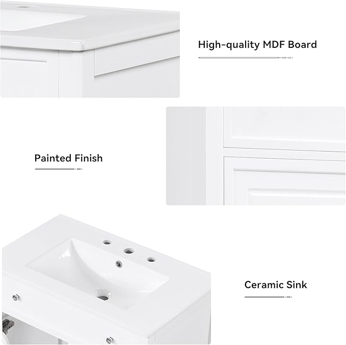 LUMISOL 30" Bathroom Vanity with Sink Combo, Solid Wood Bathroom Vanity with 2 Drawers and Storage Racks on Door, Freestanding Bathroom Storage Cabinet with Ceramic Basin Sink, White
