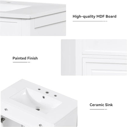 LUMISOL 30" Bathroom Vanity with Sink Combo, Solid Wood Bathroom Vanity with 2 Drawers and Storage Racks on Door, Freestanding Bathroom Storage Cabinet with Ceramic Basin Sink, White