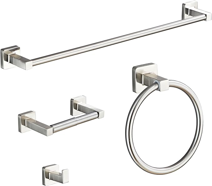 Brushed Nickel Bathroom Hardware Set 4 Pieces,Bathroom Accessories Set Stainless Steel Wall Mounted, Hand Towel Bar, Towel Ring, Robe Towel Hooks,Toilet Paper Holder,Towel Bar Set, 23.6 Inch