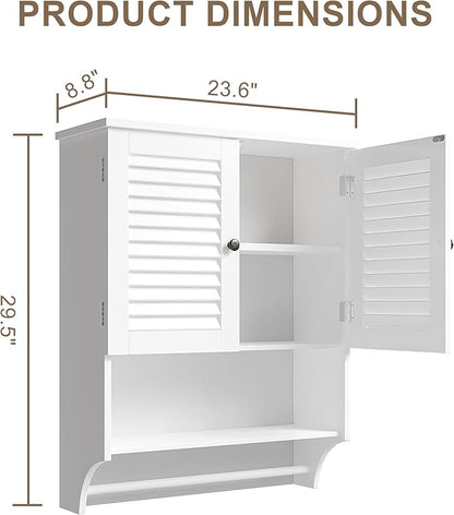ChooChoo Medicine Cabinet with Towels Bar, 23.6" L x 8.8" W x 29.5" H MDF Material Bathroom Wall Cabinet, 2 Doors Over The Toilet Space Saver Storage Cabinet with Large Space, White