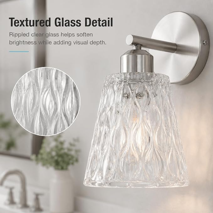 Brushed Nickel Bathroom Light Fixtures, 1-Light Modern Vanity Wall Sconce, 2-Pack, Textured Glass Shades, Stainless Steel Construction, E26 Sockets (Bulbs Not Included)