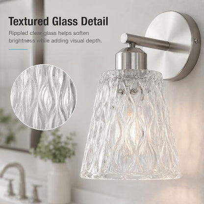 Brushed Nickel Bathroom Light Fixtures, 1-Light Modern Vanity Wall Sconce, 2-Pack, Textured Glass Shades, Stainless Steel Construction, E26 Sockets (Bulbs Not Included)